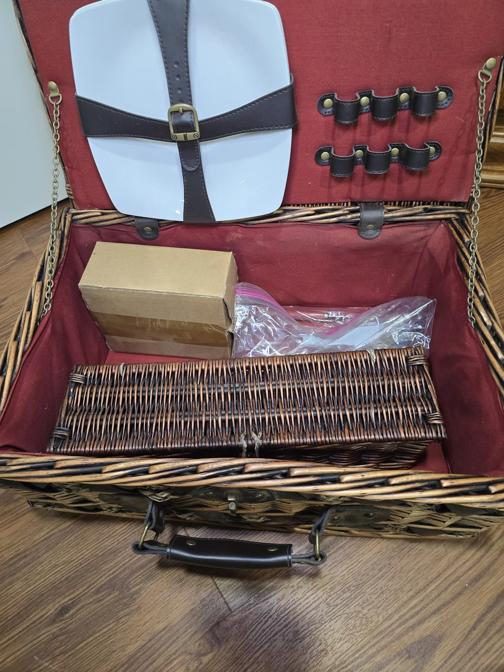 Woven Rattan Picnic Basket with Leather Handle - Brown